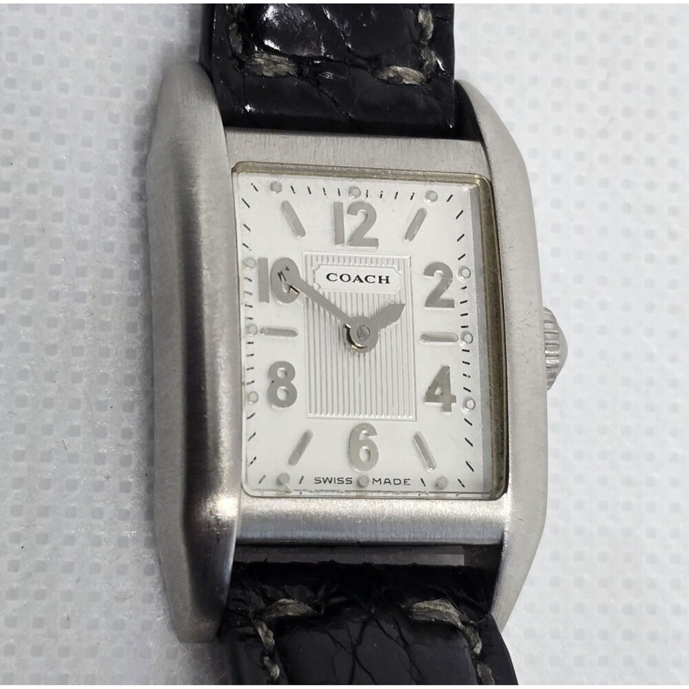 Women's Coach Swiss Made Petite Tank Silver Tone Black Leather Strap Watch 12 - Picture 7 of 9